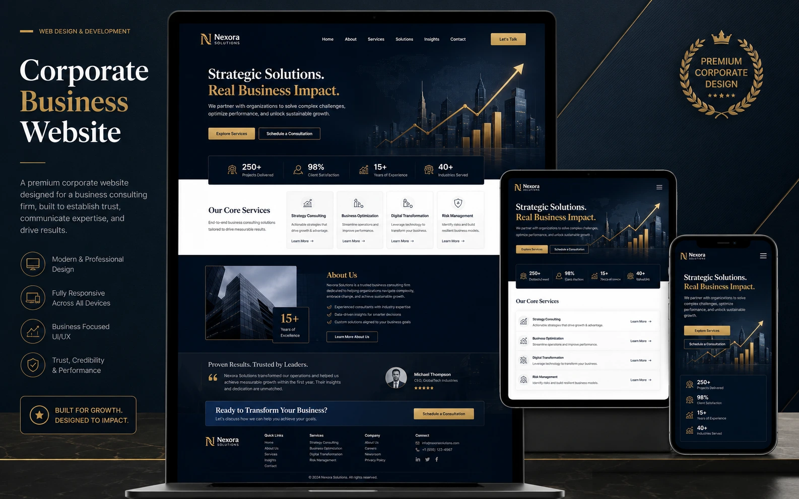 Corporate Business Website displayed on desktop, tablet and mobile devices