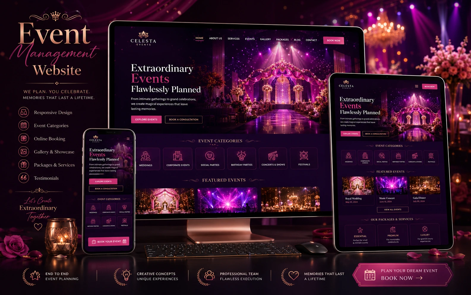 Event Management Website displayed on desktop, tablet and mobile devices