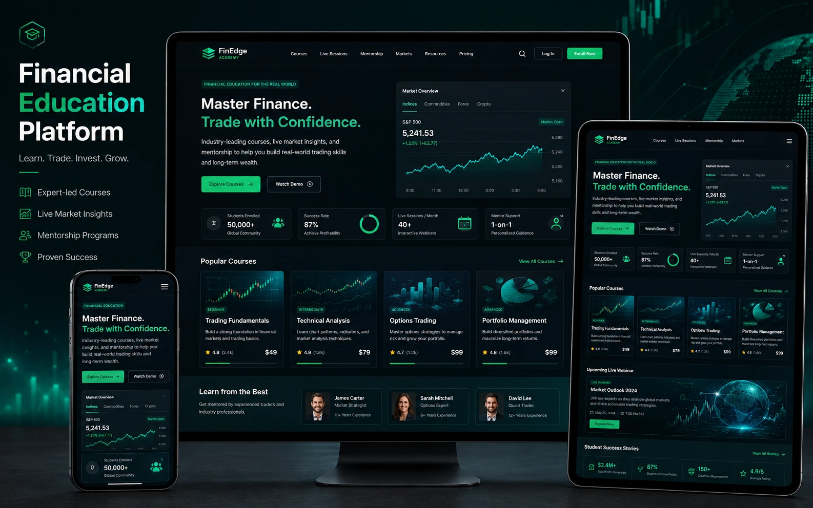 Financial Education Platform displayed on desktop, tablet and mobile devices